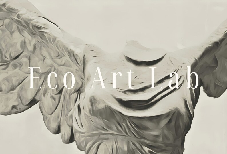May include: A close-up of a white marble statue with wings, with the text "Eco Art Lab" superimposed on the image.
