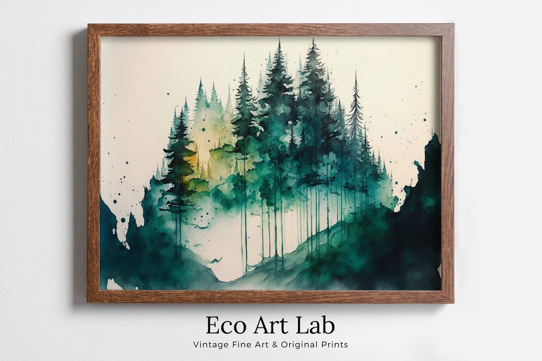 Green Watercolor Forest Trees Painting Print. Printable Wall Art ...