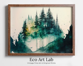 Green Watercolor Forest Trees Painting Print. Printable Wall Art. Digital Art. Nature Decor. Forest Landscape Printable. Mountain Forest Art