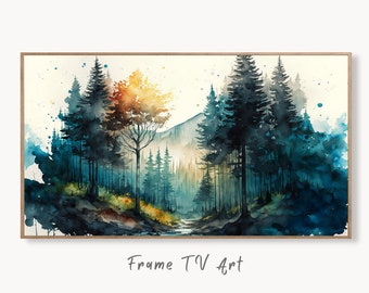 Samsung Frame TV Art 4K Forest Mountain Landscape Watercolor Digital Painting. Instant Download Forest Art for Samsung Frame TV. Art for TV