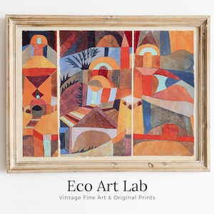 Póster de arte abstracto vintage con impresión de Paul Klee. Impresión de arte vintage famosa con paisaje abstracto de jardines de templos. Arte de pared retro imprimible de Paul Klee