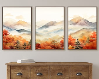 Art mural 3 pièces montagne et forêt d'automne | Aquarelle paysage d'automne | Impression de nature abstraite | Décoration minimaliste moderne | Décoration murale forêt de pins