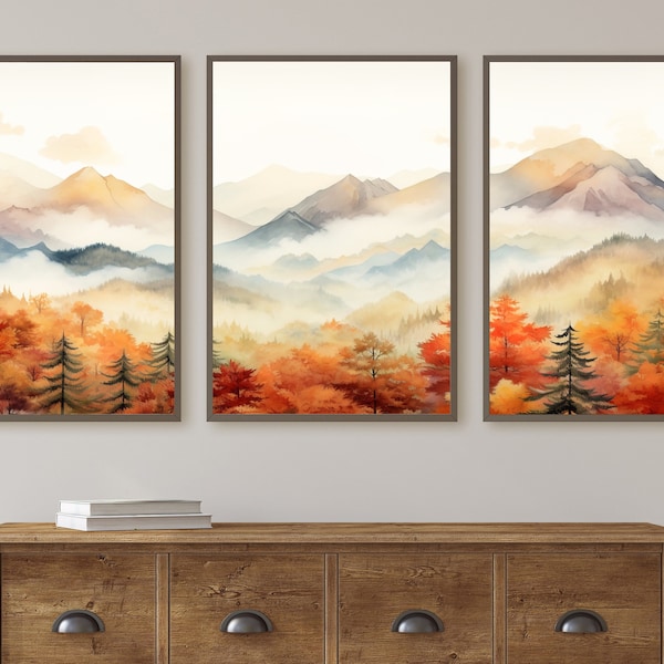 Fall Mountain & Forest 3 Piece Wall Art | Watercolor Autumn Landscape | Abstract Nature Print | Modern Minimal Decor | Pine Forest Wall Art