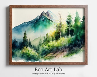 Mountain & Forest Watercolor Painting Print. Forest Landscape Printable. Printable Wall Art. Digital Art. Nature Decor. Mountain Forest Art