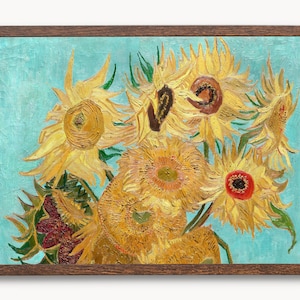 May include: A framed painting of a still life featuring a bouquet of sunflowers in various shades of yellow, orange, and red against a turquoise background.