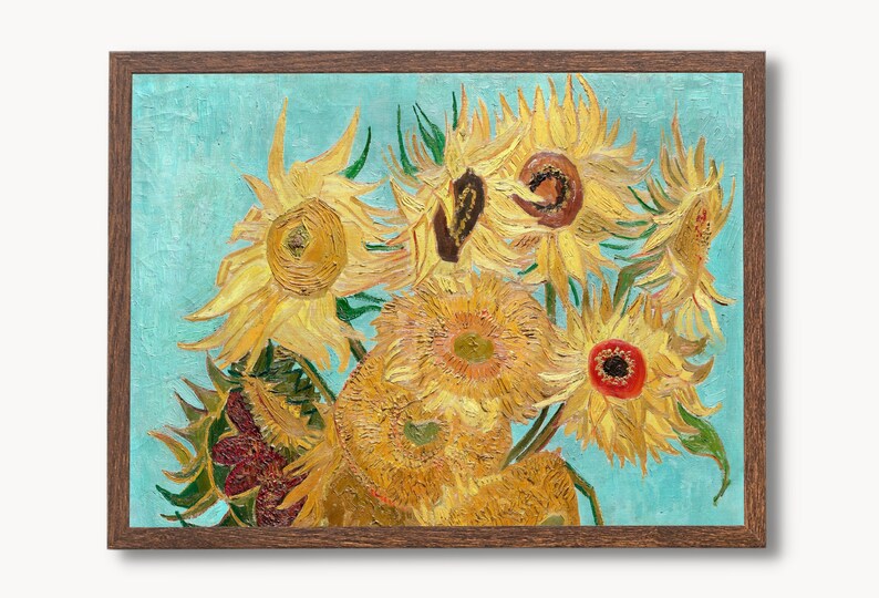 May include: A framed painting of a still life featuring a bouquet of sunflowers in various shades of yellow, orange, and red against a turquoise background.