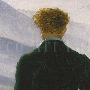 May include: A man with red hair is standing with his back to the viewer, looking out at a misty landscape. He is wearing a dark green jacket.