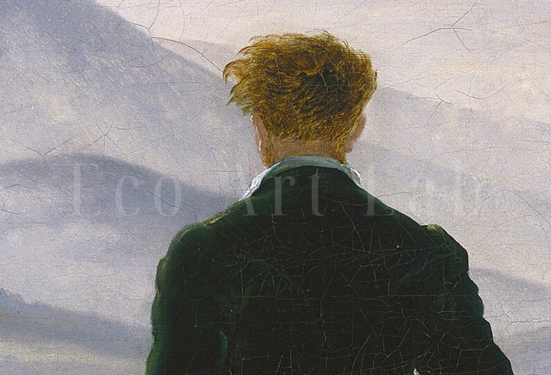 May include: A man with red hair is standing with his back to the viewer, looking out at a misty landscape. He is wearing a dark green jacket.