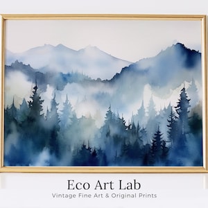Blue Mountain Forest Art. Watercolor Forest Landscape Printable. Forest Trees Painting Print. Printable Wall Art. Digital Art. Nature Decor.