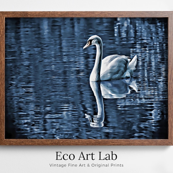 Swan on Water Printable Wall Art, for Home or Office Decor, Animal Painting Nature Print Digital Art Instant Download