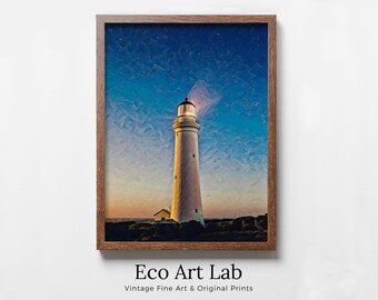 Lighthouse at Dusk with Night Sky, Printable Wall Art Lighthouse Painting, Nautical Wall Art, Lighthouse Poster Print, Nautical Wall Decor