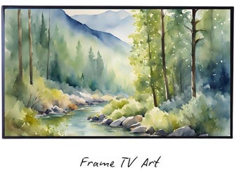 River Forest Art I Minimalist Mountain Watercolor Decor I Frame TV Wall Art for Samsung Frame TV