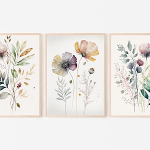 Botanical Print Set of 3. Watercolor Gallery Wall Art. Floral Printable Line Art. Wild Flowers Bouquet Art. Minimal Boho Floral Prints. #3