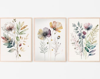 Botanical Print Set of 3. Watercolor Gallery Wall Art. Floral Printable Line Art. Wild Flowers Bouquet Art. Minimal Boho Floral Prints. #3