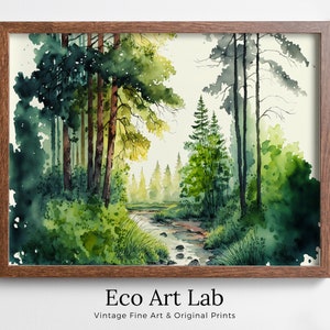 Waldlandschaft zum Ausdrucken. Digitale Kunst. Wald Bäume Aquarell Druck. Druckbare Kunst. Natur Dekor. Frühlingswaldfluss