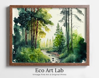 Peinture aquarelle du paysage de la forêt et de la rivière. Art mural imprimable.