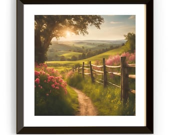 Countryside Painting Wall Art | Cottagecore Vintage Decor | Square Floral Landscape Digital Download