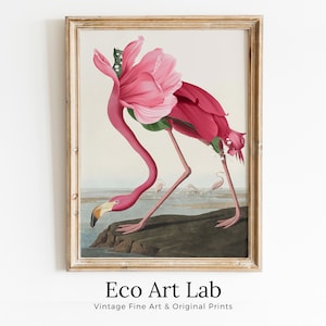 Pink Flamingo with a Flowers Body. Altered Vintage Tropical Bird Digital Painting. Wildlife Nature Colorful Decor. Bird Poster PRINTABLE Art