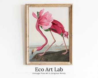 Pink Flamingo with a Flowers Body. Altered Vintage Tropical Bird Digital Painting. Wildlife Nature Colorful Decor. Bird Poster PRINTABLE Art