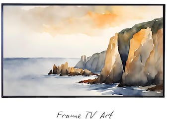 Watercolor Minimalist Frame TV Art. Contemporary 4K Digital Art for Samsung Frame TV. Minimalist Ocean Landscape Decor.