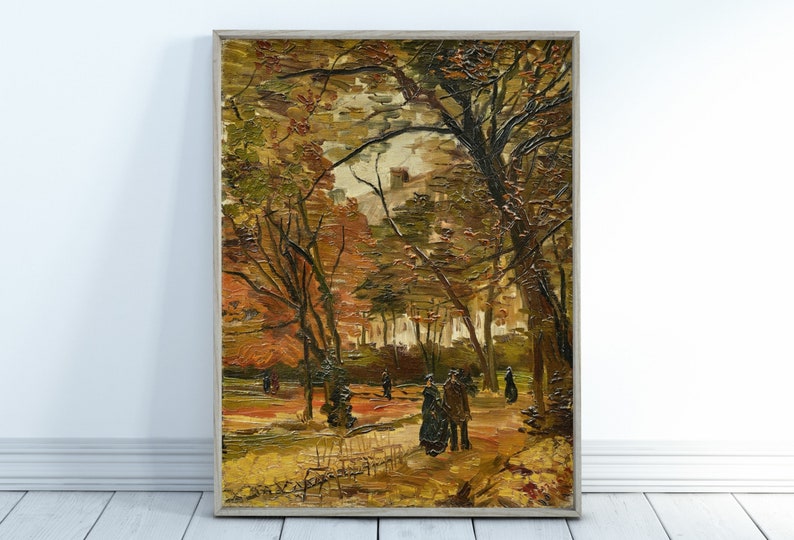 K&ouml;nnte beinhalten: Ein Gem&auml;lde, das eine Parkszene mit B&auml;umen in Herbstfarben zeigt. Menschen gehen auf einem Weg im Park spazieren. Das Gem&auml;lde ist in einem Stil gehalten, der an den Impressionismus erinnert.
