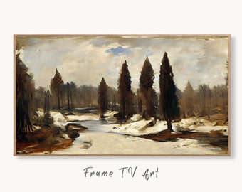 Samsung Frame TV Art 4K  Rustic Winter Landscape Forest Painting. Instant Download Muted Snow Art for the Samsung Frame TV. Moody Art for TV