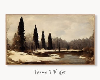 Samsung Frame TV Art 4K Winter Forest River Landscape Rustic Digital Painting. Instant Download Muted Art for Samsung Frame TV. Art for TV