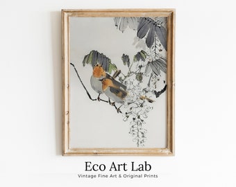 Vintage Sparrows Perched On a Branch Japanese Painting. Japanese Wall Art Printable Poster. 19th Century Japanese Vintage Wall Art, Bird Art