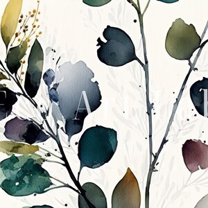 May include: Watercolor painting of a botanical illustration featuring branches with leaves in shades of green, blue, and purple. The background is a light white with a subtle texture.
