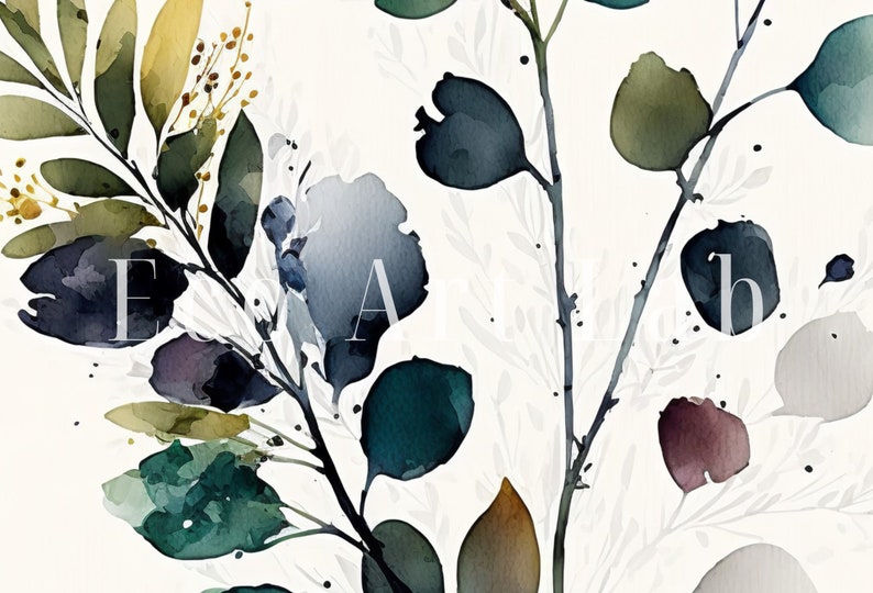 May include: Watercolor painting of a botanical illustration featuring branches with leaves in shades of green, blue, and purple. The background is a light white with a subtle texture.