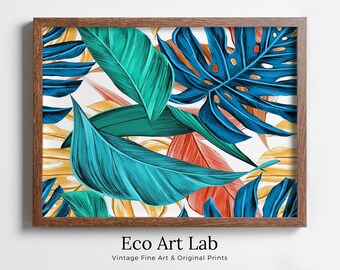 Monstera and Palm Leaf Wall Art. Colorful Botanical Prints Instant Download Tropical Wall Decor. Printable Leaf Painting, Tropical Foliage