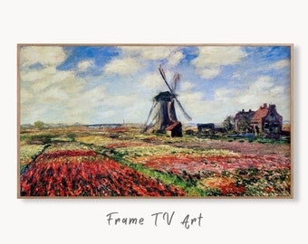 Samsung Frame TV Art 4K Tulip Field & Windmill Famous Claude Monet Painting. Instant Download Botanical Art for Frame TV. Vintage Wall Art