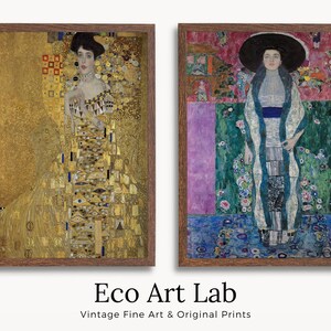 Set med 2 tryck av Gustav Klimt, berömda porträtt av Adele. Direkt nedladdning. Kvinnomålningar. Gustav Klimt-tryck. 2 delar vintagekonst.