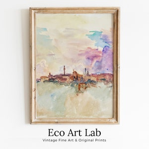 Vintage Siena Italy Pastel Watercolor Abstract Landscape Printable Wall Art. Italy Digital Download Art. Vintage Home Decor, Retro Print