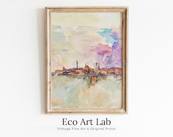 Vintage Siena Italy Pastel Watercolor Abstract Landscape Printable Wall Art. Italy Digital Download Art. Vintage Home Decor, Retro Print