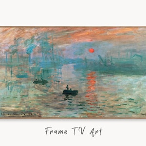 May include: Impressionist painting of a harbour scene at sunset. The artwork features a red sun reflecting on the water, with boats and industrial structures in the background. The text "Frame TV Art" is at the bottom.