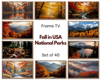 Fall in USA National Parks Frame TV Art  |  Autumn Wall Art Digital Download   |   Yosemite Mountain Lake Forest