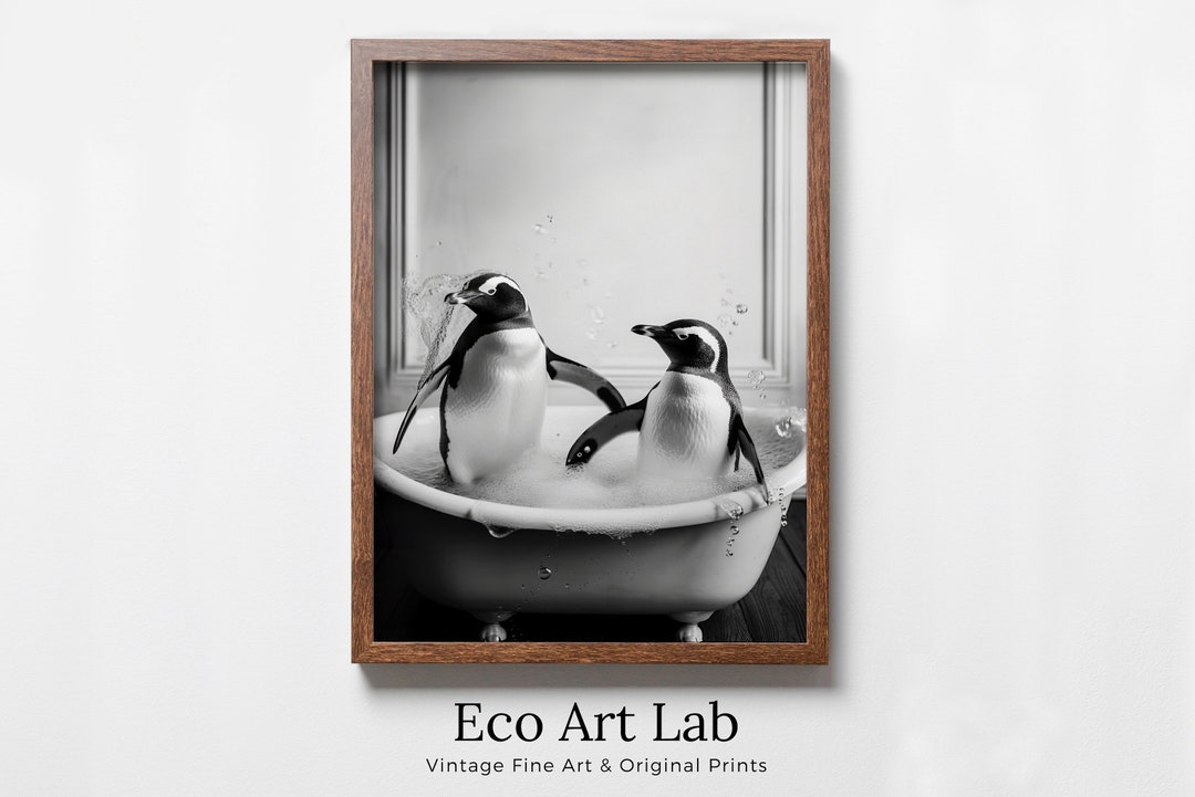 Penguins in Tub Printable Wall Art | Black & White Penguin Photo ...