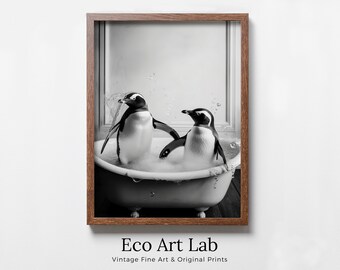 Penguins in Tub Printable Wall Art | Black & White Penguin Photo | PRINTABLE | Bathroom Art Print | Penguin Art | Digital Download #05