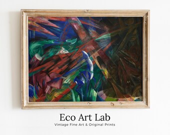 Forest Animals Vintage Painting. Surreal Abstract Geometric Art Print. Instant Download Antique Oil Painting. Colorful Printable Wall Art