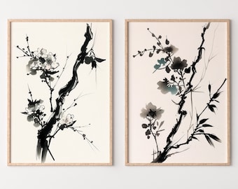 Cherry Blossom Set of 2 Tree Branch Abstract Paintings. Minimalist Original Printable Wall Art. Blooming Floral Painting. Living Room Decor