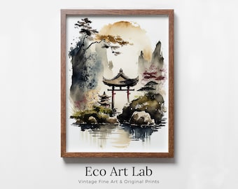 Zen Garden Printable Wall Art. Japandi Landscape. Instant Download Watercolor Zen Art. Japanese Wall Art. Spiritual Painting. Asian Wall Art