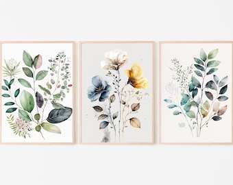 Botanical Print Set of 3. Watercolor Gallery Wall Art. Floral Printable Line Art. Wild Flowers Bouquet Art. Minimal Boho Floral Prints. #1
