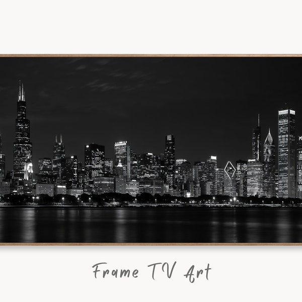 Samsung Frame TV Art 4K Chicago Skyline at Night Wall Art. Instant Download Chicago Photography Art for the Frame TV. Chicago Skyline Decor