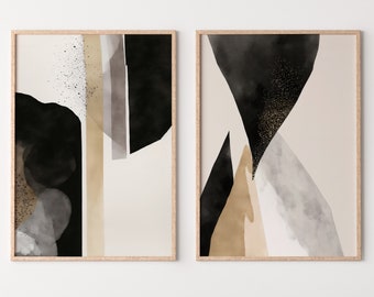 Black & Beige Minimalist Art Prints Set of 2. Abstract Poster Set. Neutral Gallery Wall. Black and White Wall Art. Contemporary Modern Art