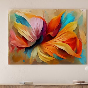 May include: Abstract painting of a colorful flower with petals in shades of orange, yellow, pink, blue, and purple.