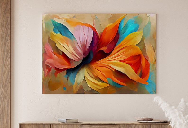 May include: Abstract painting of a colorful flower with petals in shades of orange, yellow, pink, blue, and purple.