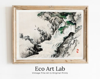 Japanese Painting Waterfall Landscape Vintage Wall Art Printable Poster. 19th Century Japanese Vintage Art Print. Minimalist Japanese Decor