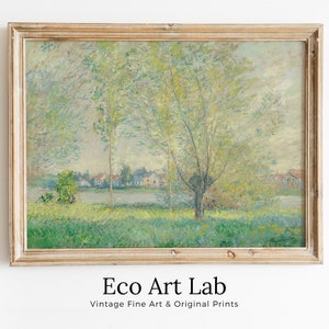 Puede incluir: Una pintura enmarcada que representa una escena de paisaje con un río, árboles y casas en la distancia. La pintura está realizada en un estilo ligero e impresionista con tonos de verde, azul y amarillo.