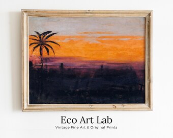 Antique Moody Abstract Tropical Sunset Oil Painting. Instant Download Printable Wall Art. Abstract Vintage Sunset Painting Digital Print
